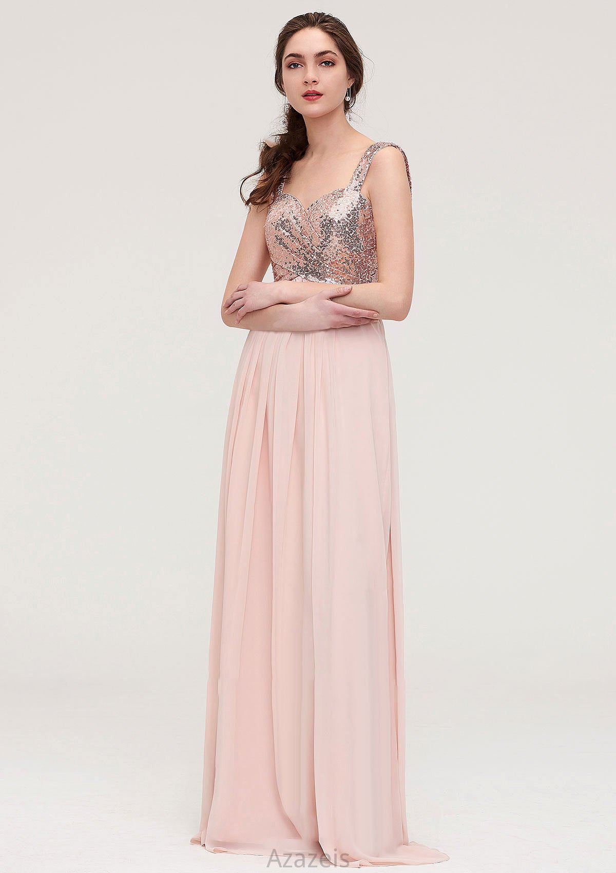 Sleeveless Long/Floor-Length Sweetheart A-line/Princess Chiffon Bridesmaid Dresses With Pleated Sequins Keira DFP0025494