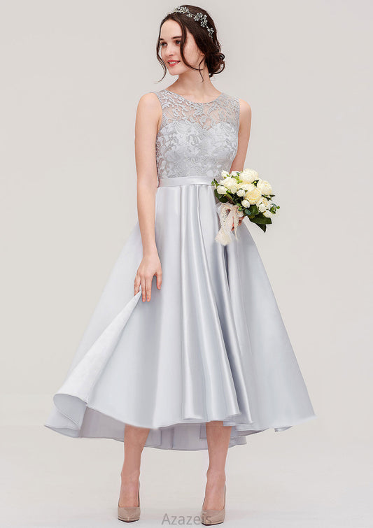 Bateau Sleeveless Tea-Length Satin A-line/Princess Bridesmaid Dresses With Sashes Lace Anabelle DFP0025495