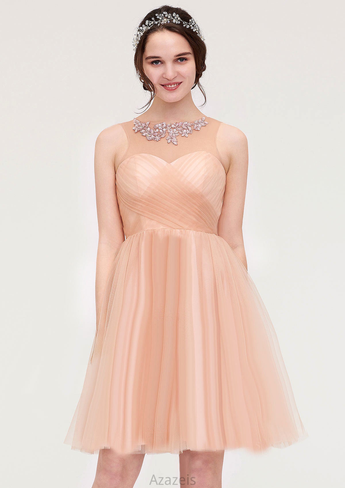 Bateau Sleeveless A-line/Princess Tulle Knee-Length Bridesmaid Dresses With Pleated Beading Nathalie DFP0025498