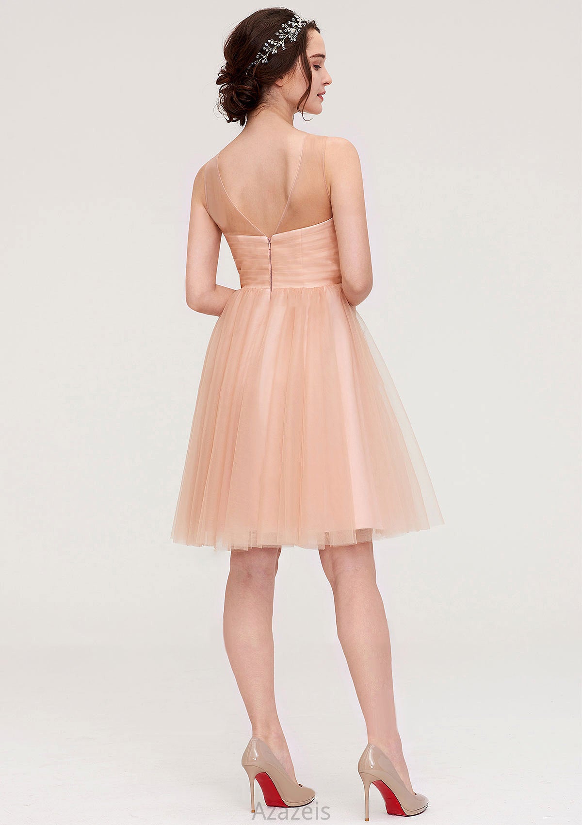 Bateau Sleeveless A-line/Princess Tulle Knee-Length Bridesmaid Dresses With Pleated Beading Nathalie DFP0025498