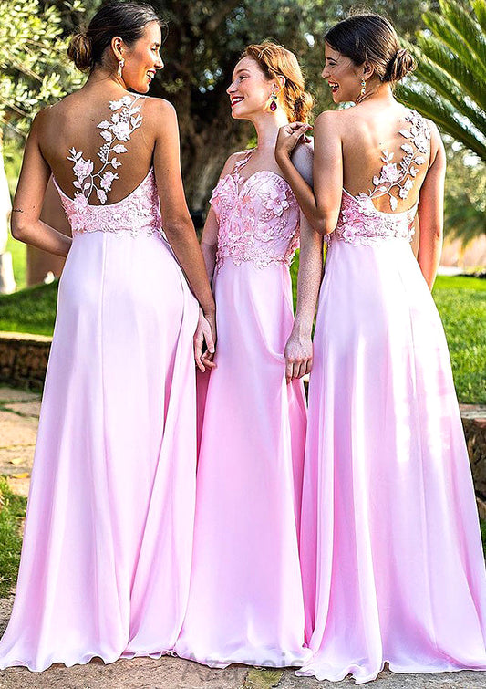 Sleeveless One-Shoulder Sweep Train A-line/Princess Chiffon Bridesmaid Dresseses With Appliqued Jada DFP0025506