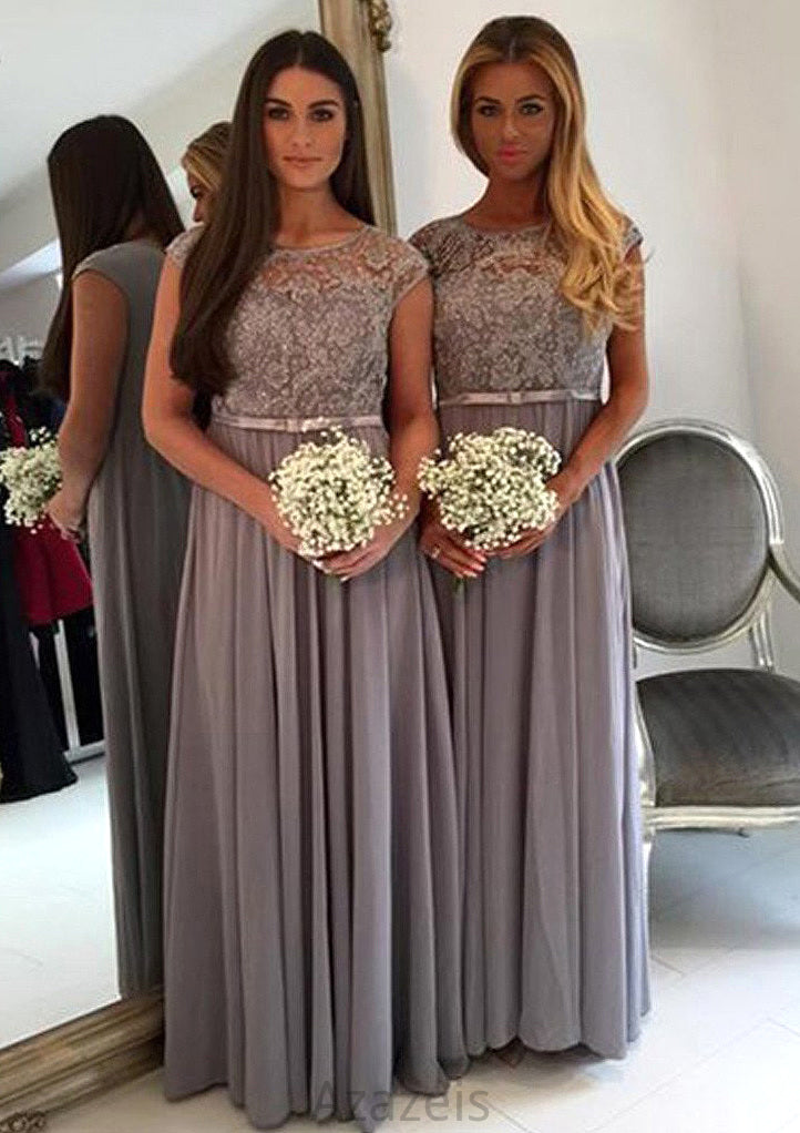 Bateau A-Line/Princess Long/Floor-Length Chiffon Bridesmaid Dresses With Appliqued Mckenna DFP0025517