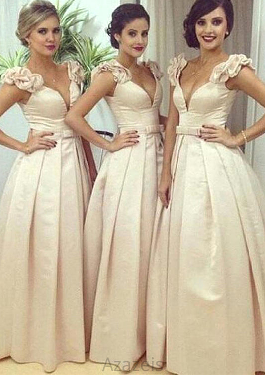 Sleeveless V Neck Long/Floor-Length A-line/Princess Satin Bridesmaid Dresseses With Pleated Waistband Marilyn DFP0025536