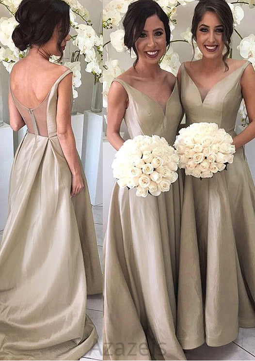 A-Line/Princess Sleeveless V-Neck Zipper Sweep Train Taffeta Bridesmaid Dresses Martha DFP0025548