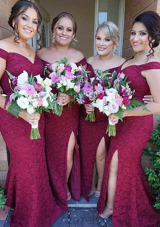 Sleeveless Off-the-Shoulder Long/Floor-Length Trumpet/Mermaid Lace Bridesmaid Dresseses With Split Valeria DFP0025562