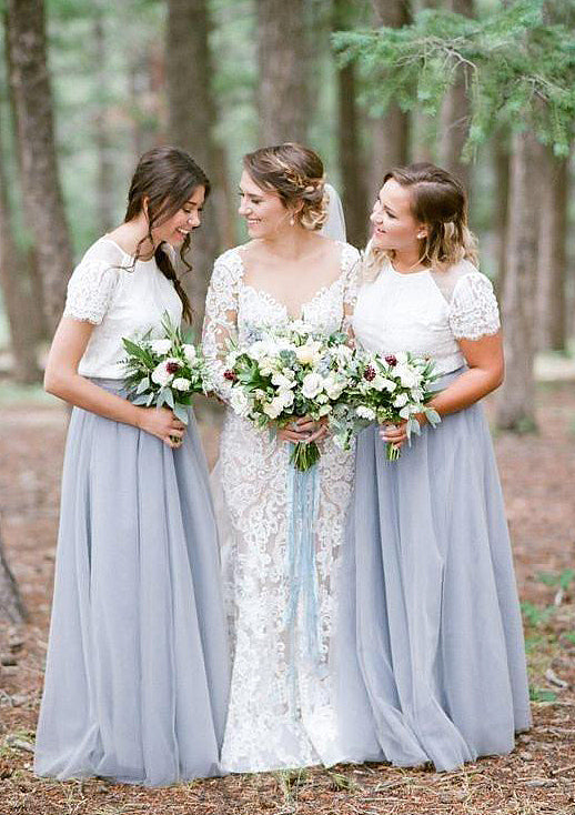 Short Sleeve Scoop Neck Long/Floor-Length A-line/Princess Tulle Bridesmaid Dresseses With Lace Aracely DFP0025563