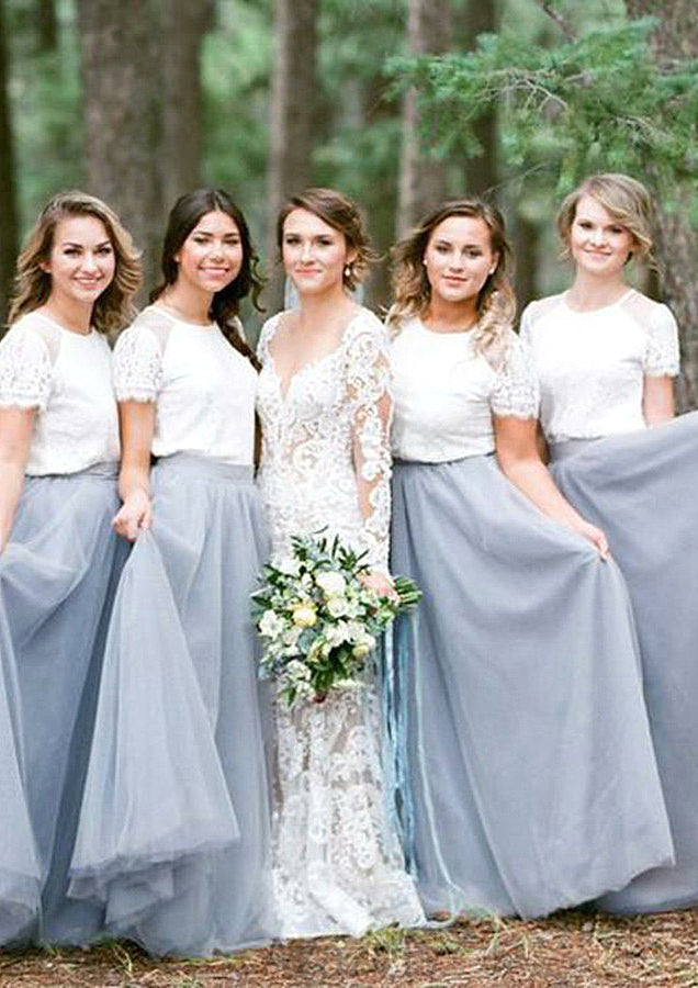 Short Sleeve Scoop Neck Long/Floor-Length A-line/Princess Tulle Bridesmaid Dresseses With Lace Aracely DFP0025563