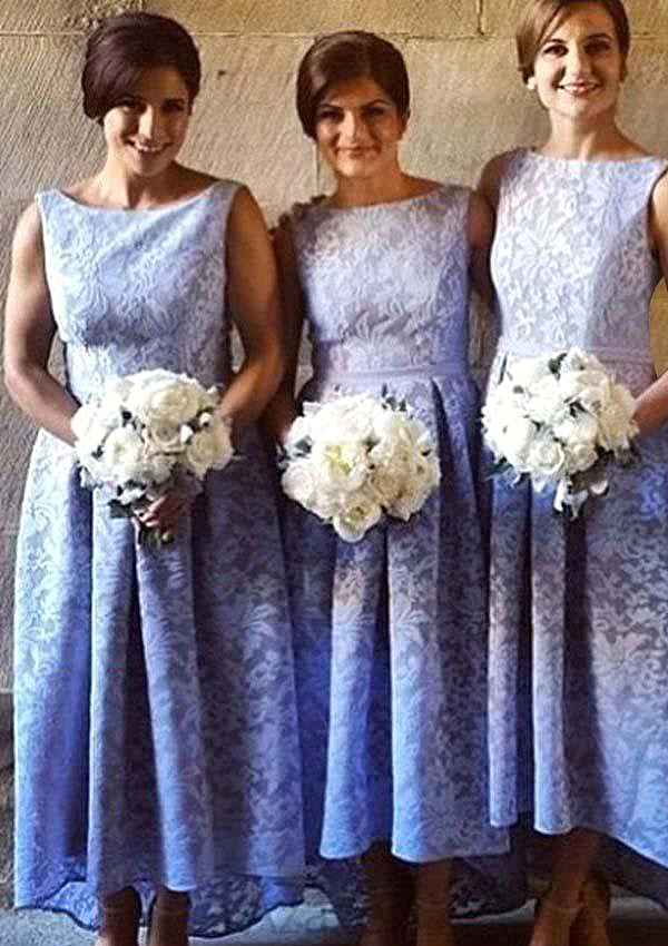 Bateau Sleeveless Asymmetrical A-line/Princess Lace Bridesmaid Dresseses With Pleated Sherry DFP0025576