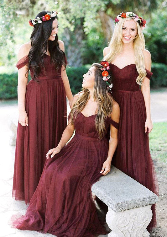 Sleeveless Off-the-Shoulder Long/Floor-Length Tulle A-line/Princess Bridesmaid Dresseses With Pleated Laci DFP0025591