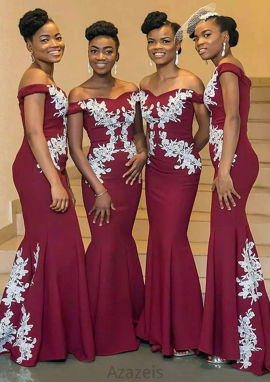 Sleeveless Off-the-Shoulder Long/Floor-Length Trumpet/Mermaid Elastic Satin Bridesmaid Dresseses With Appliqued Paula DFP0025593