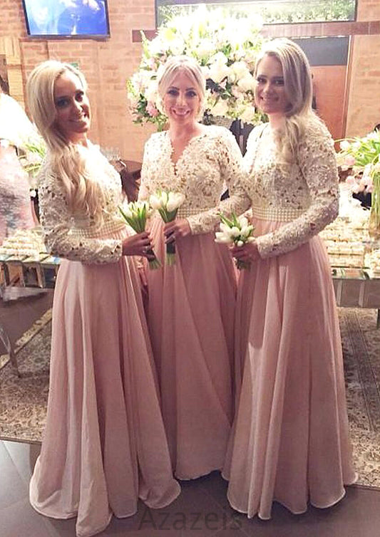 Full/Long Sleeve Scalloped Neck A-line/Princess Chiffon Long/Floor-Length Bridesmaid Dresseses With Beading Lace Nina DFP0025602