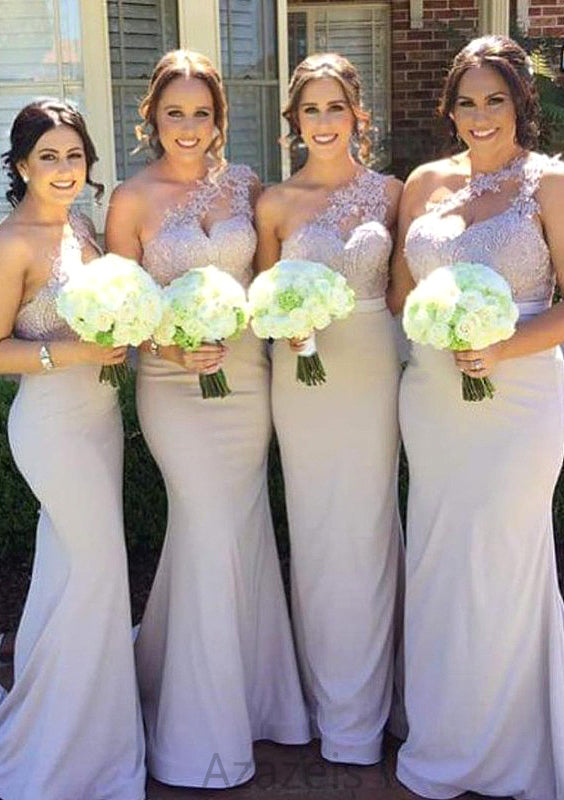 Sleeveless One-Shoulder Long/Floor-Length Trumpet/Mermaid Elastic Satin Bridesmaid Dresseses With Lace Nita DFP0025605