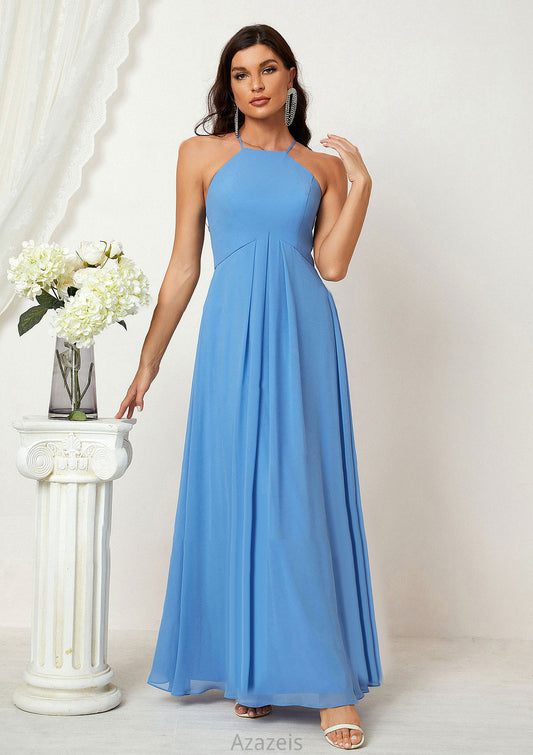 A-line Empire Halter Sleeveless Chiffon Long/Floor-Length Bridesmaid Dresses With Ruffles Kierra DFP0025611