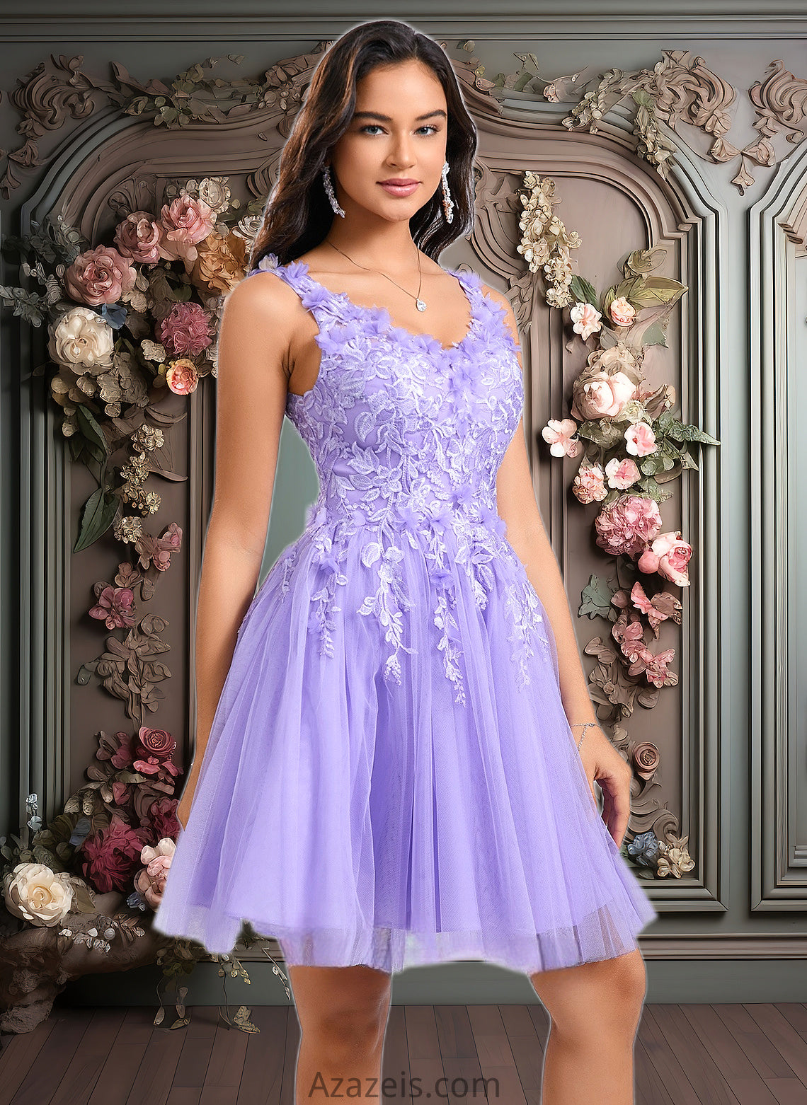 Kiara Ball-Gown/Princess V-Neck Short Lace Tulle Homecoming Dress With Flower DFP0025656