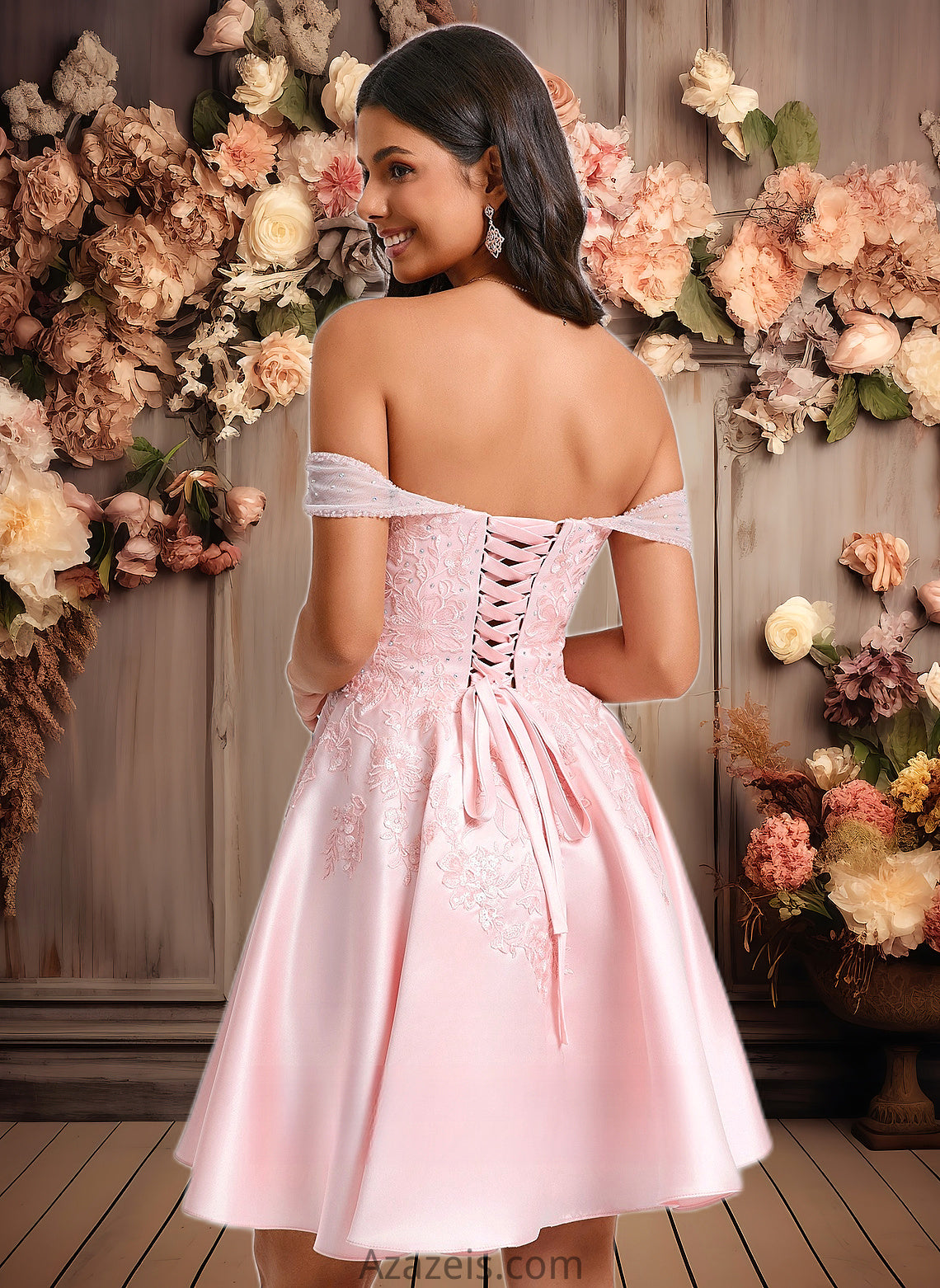 Rhoda A-line Off the Shoulder Short Satin Homecoming Dress With Rhinestone Beading Appliques Lace DFP0025679