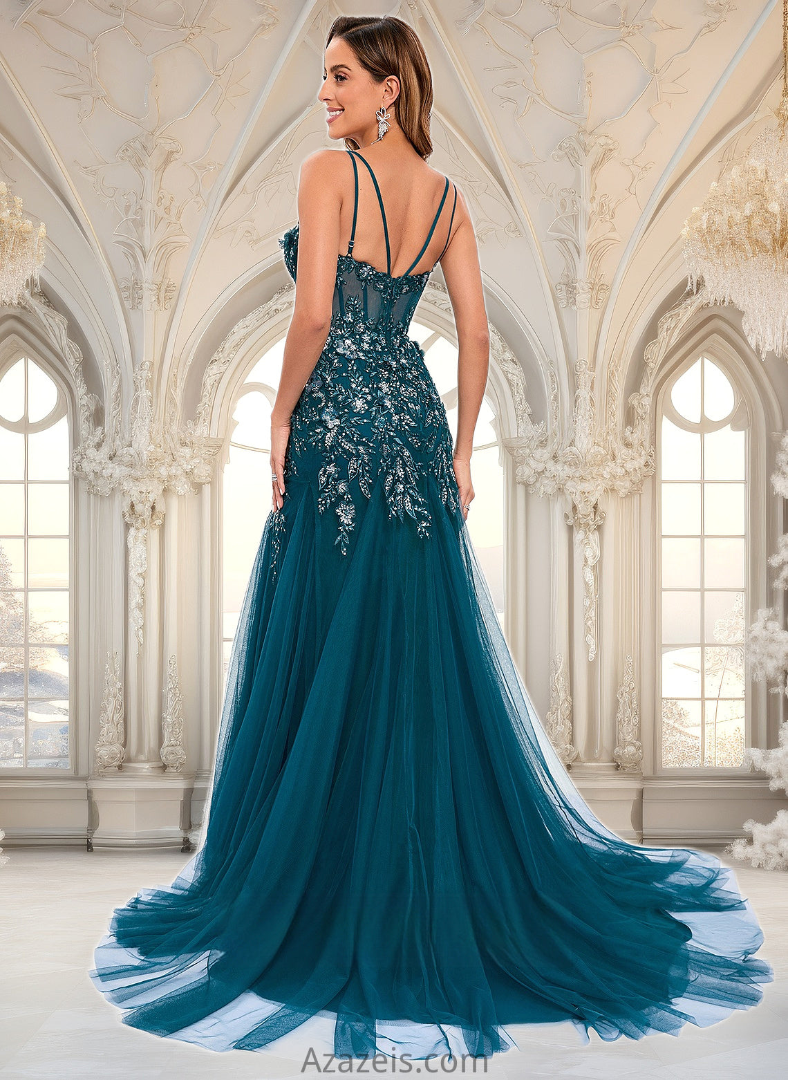 Liberty Trumpet/Mermaid V-Neck Sweep Train Tulle Prom Dresses With Sequins Appliques Lace DFP0025853