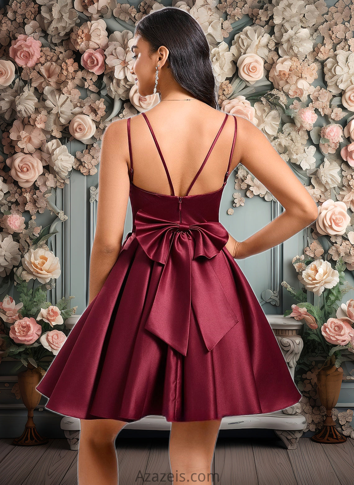 Amya Ball-Gown/Princess V-Neck Short Satin Homecoming Dress With Bow DFP0025662