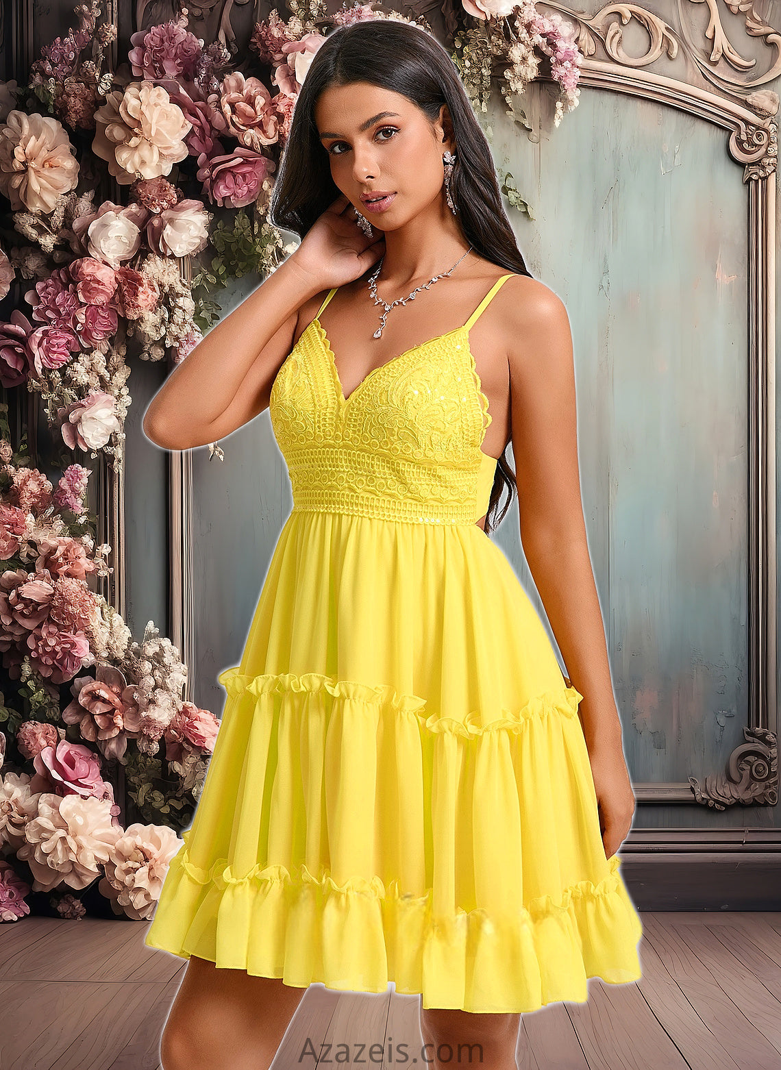 Karina A-line V-Neck Short Chiffon Homecoming Dress With Ruffle Sequins DFP0025700