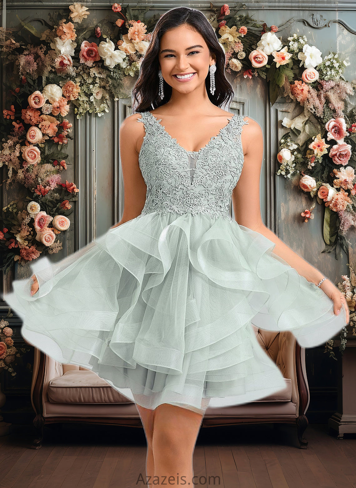 Sheila Ball-Gown/Princess V-Neck Short Tulle Lace Homecoming Dress DFP0025671