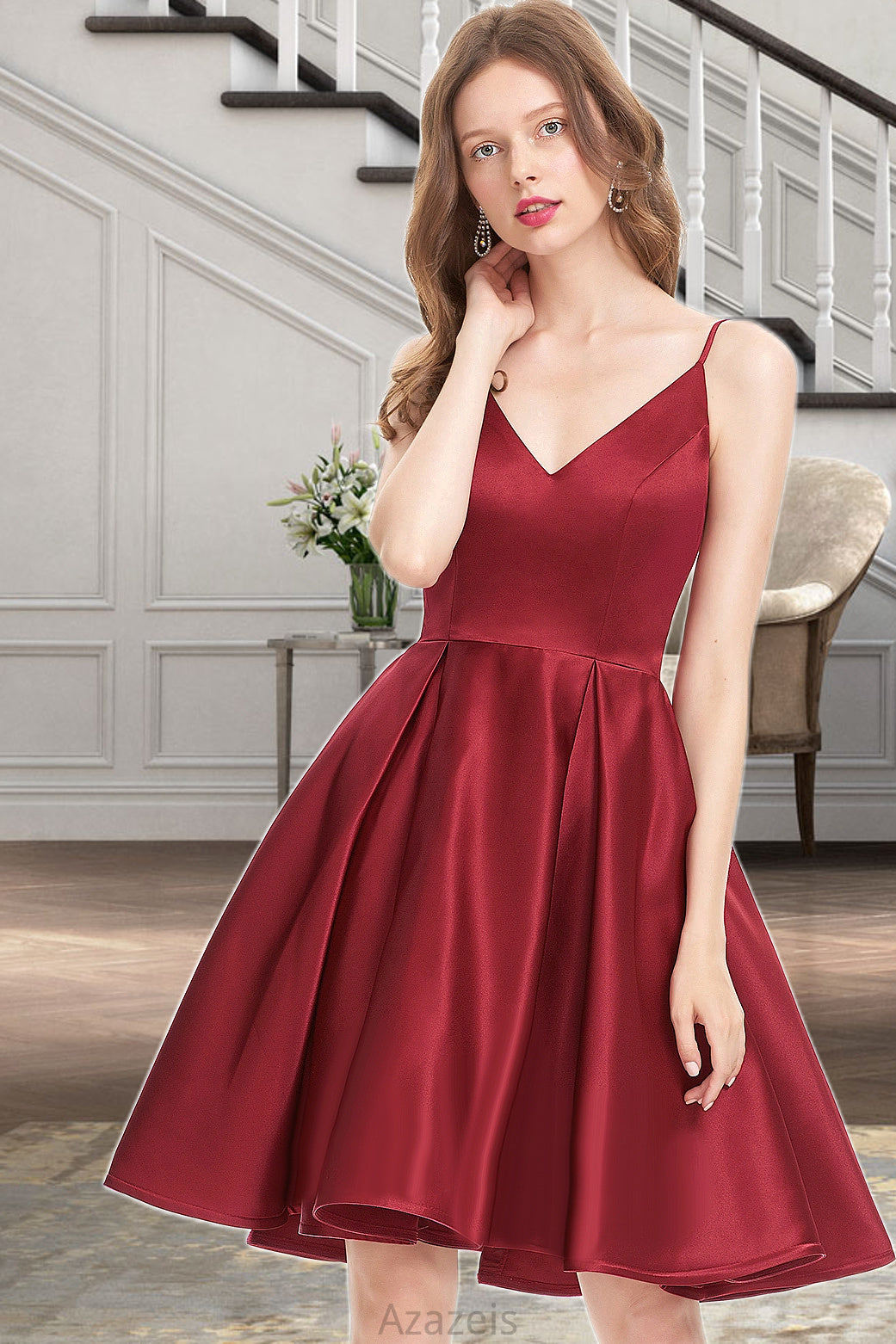 Nora A-line V-Neck Short/Mini Satin Homecoming Dress DFP0020542