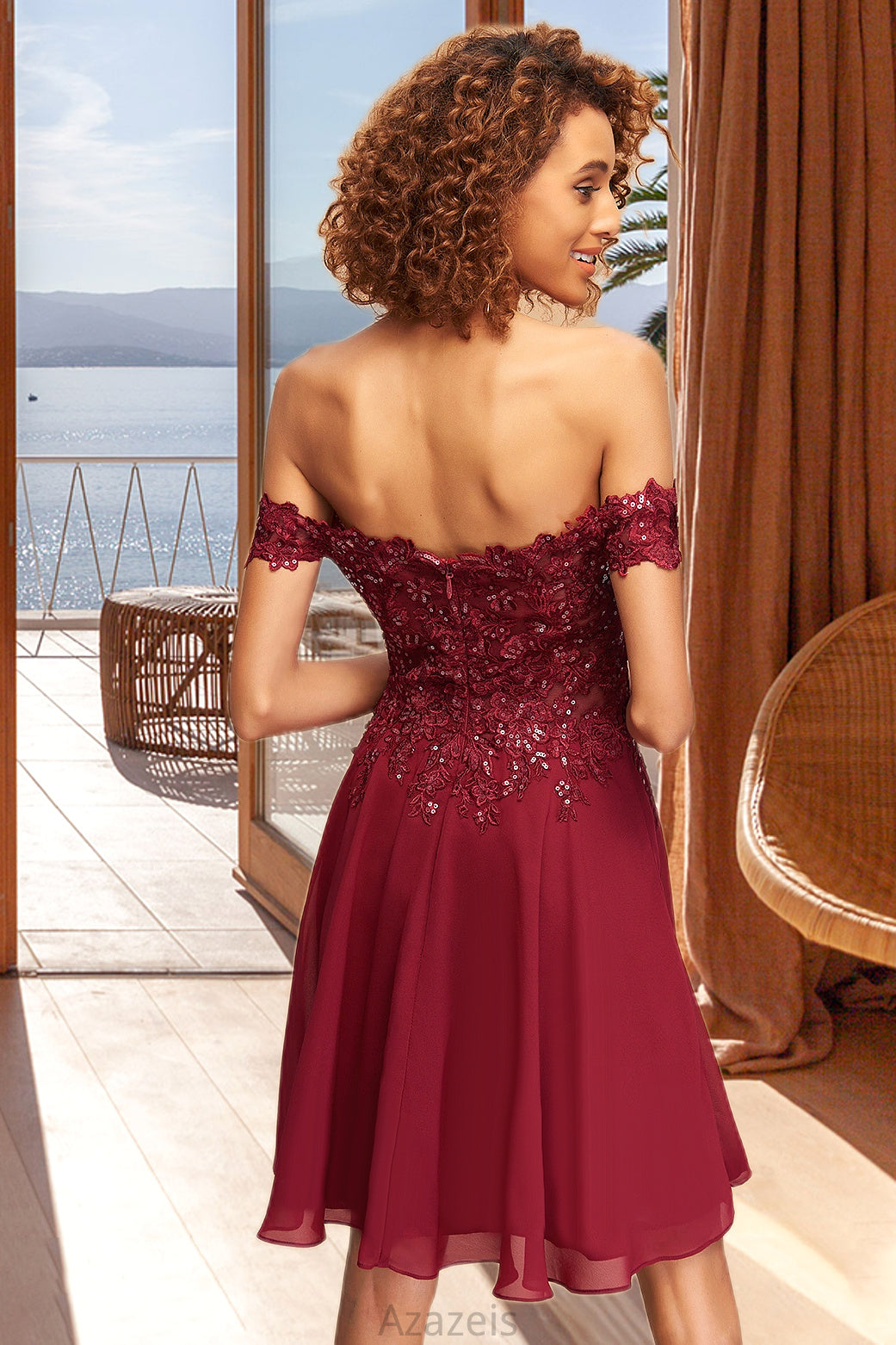 Kassandra A-line Off the Shoulder Short/Mini Chiffon Lace Homecoming Dress With Sequins DFP0020528