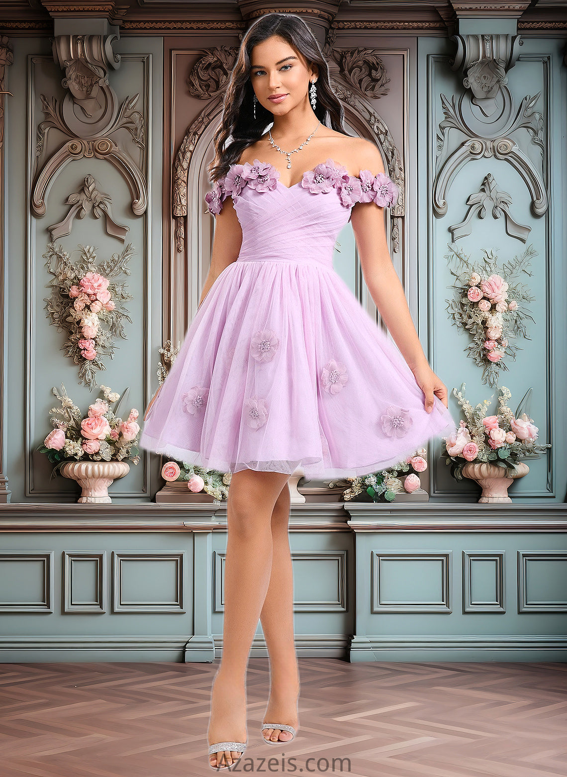 Nell Ball-Gown/Princess Off the Shoulder Short Tulle Homecoming Dress With Pleated Flower DFP0025668