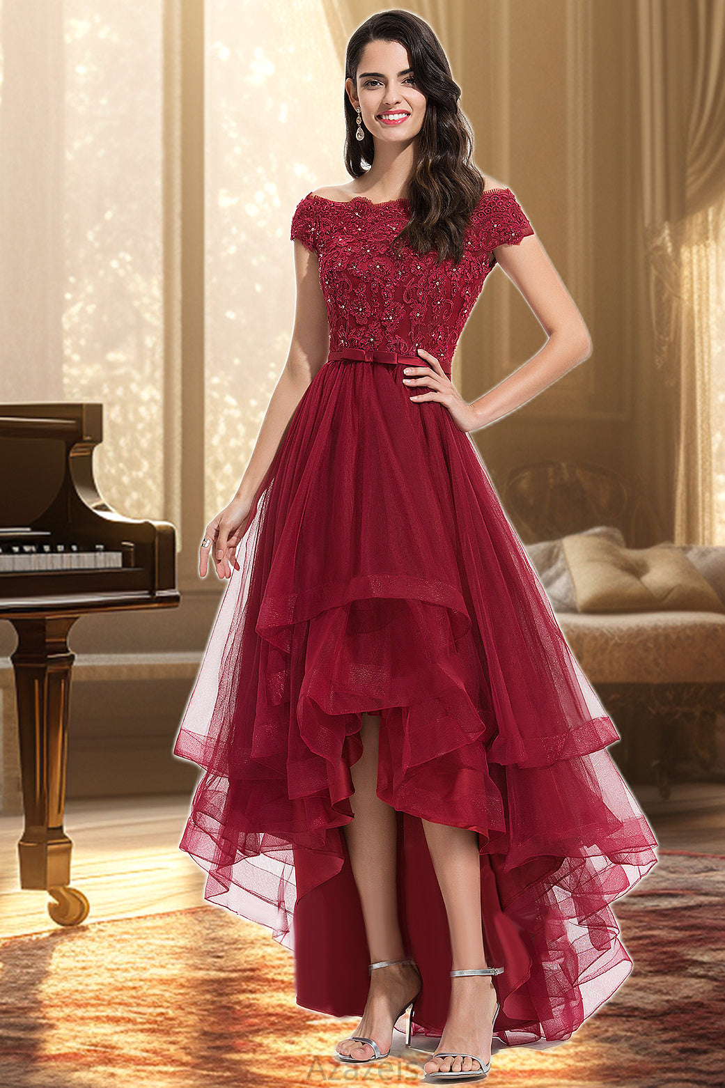 Daisy A-line Off the Shoulder Asymmetrical Lace Tulle Homecoming Dress With Beading Bow Sequins DFP0020535