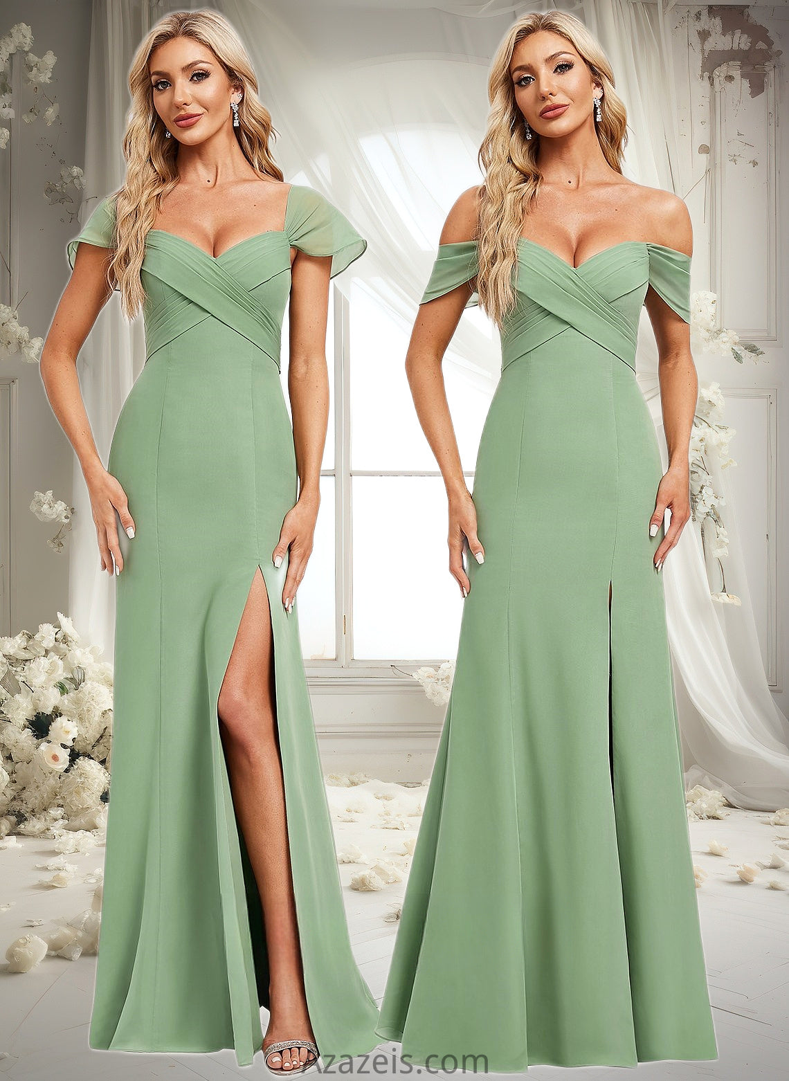 Kallie Trumpet/Mermaid Off the Shoulder V-Neck Floor-Length Chiffon Bridesmaid Dress DFP0025810