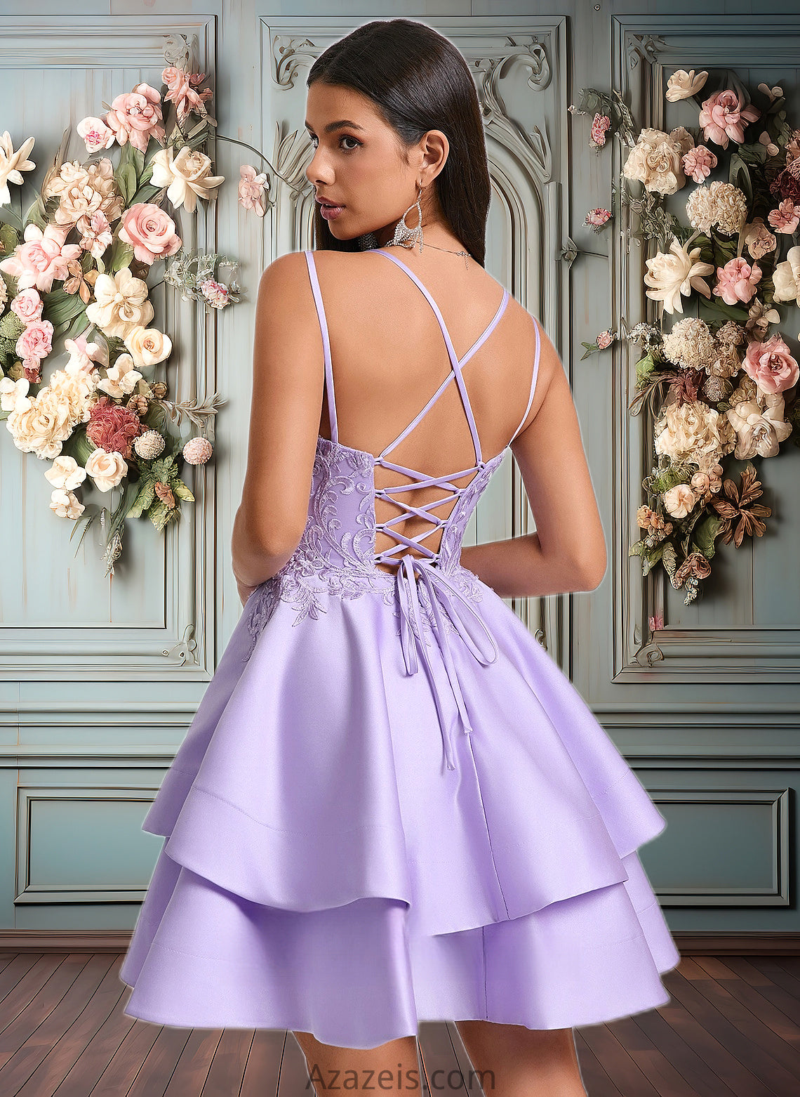 Natalee A-line V-Neck Short Satin Homecoming Dress With Appliques Lace DFP0025692