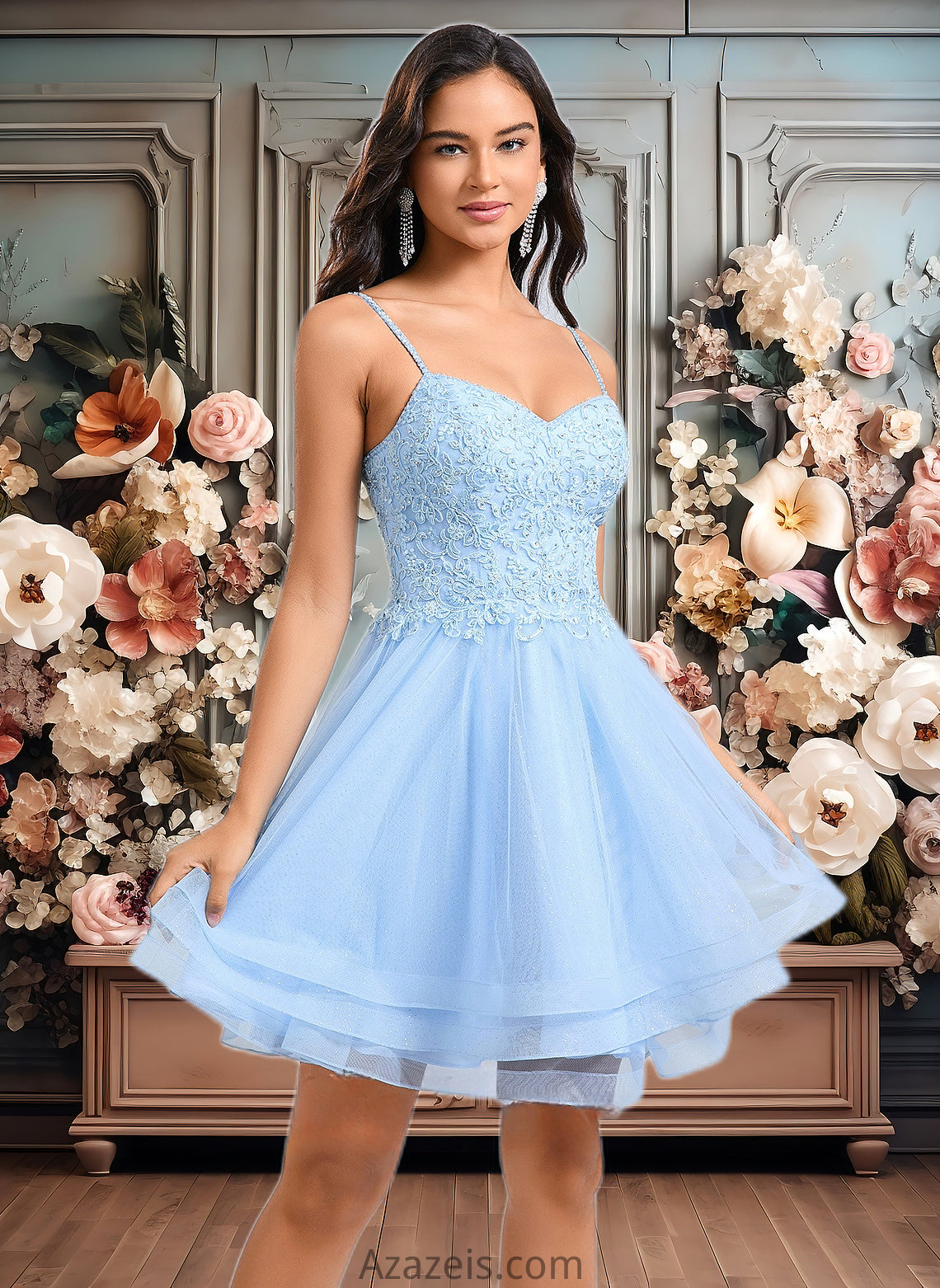 Cailyn A-line V-Neck Short Lace Tulle Homecoming Dress With Rhinestone Sequins DFP0025658