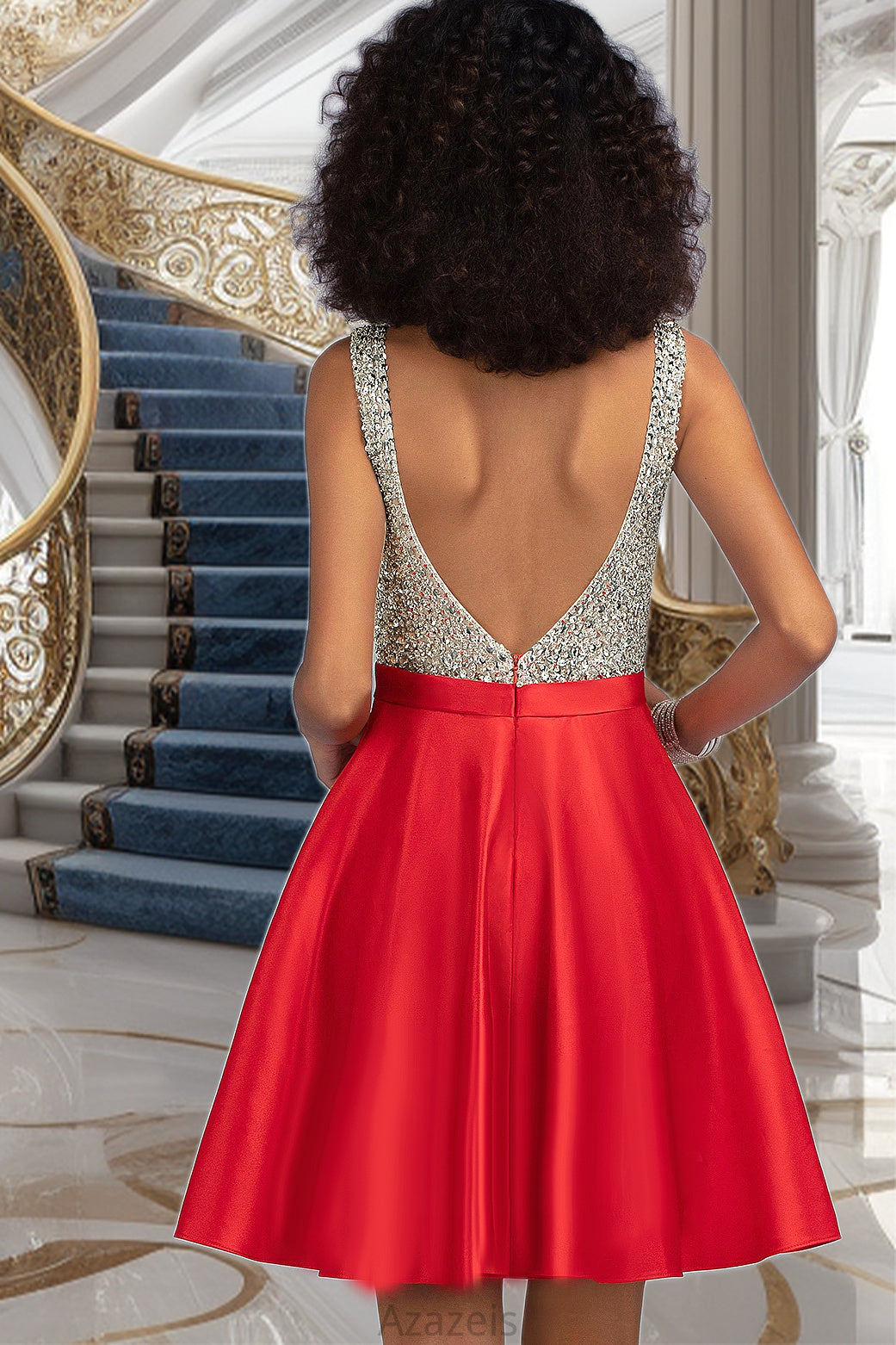 Delaney A-line V-Neck Short/Mini Satin Homecoming Dress With Beading Sequins DFP0020569