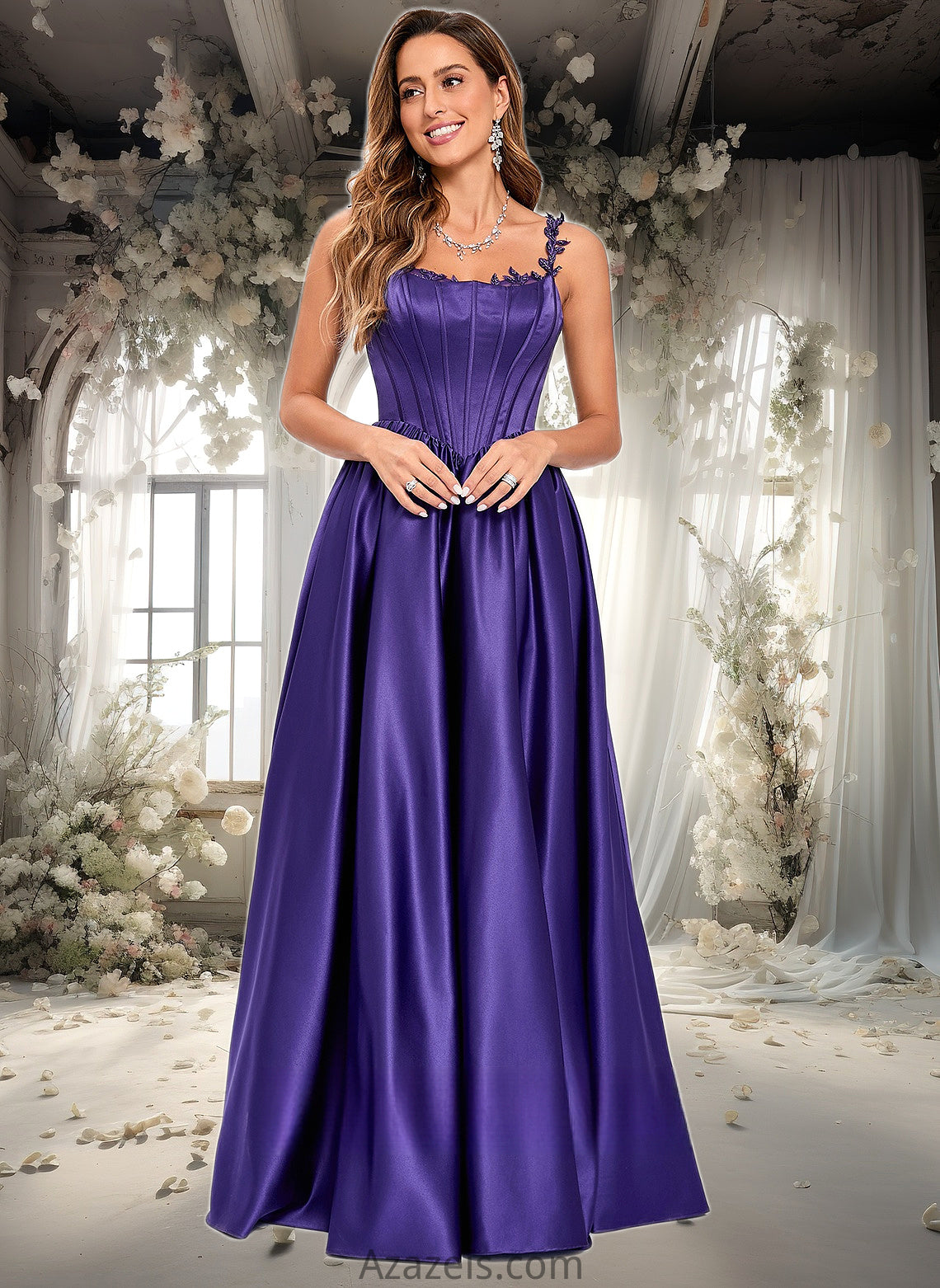 Yaritza Ball-Gown/Princess Scoop Floor-Length Satin Prom Dresses With Appliques Lace Beading DFP0025865