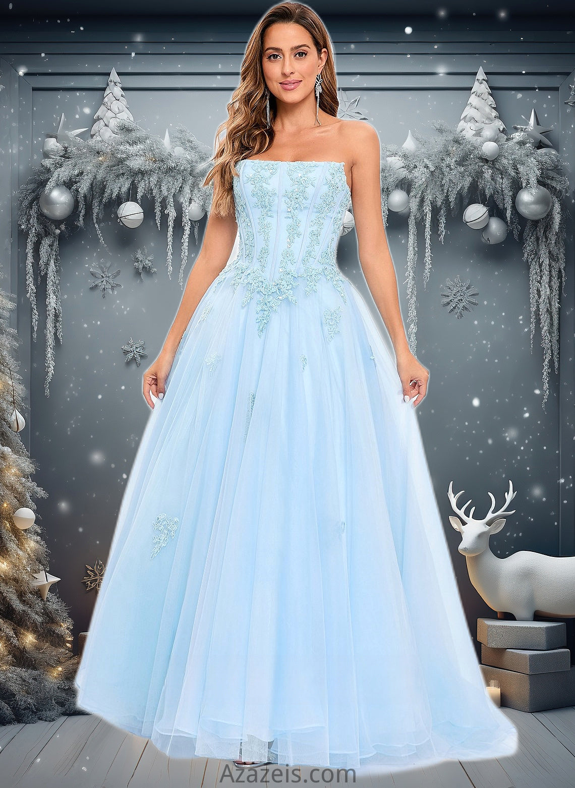 Yaritza Ball-Gown/Princess Straight Sweep Train Tulle Prom Dresses With Sequins Appliques Lace DFP0025864