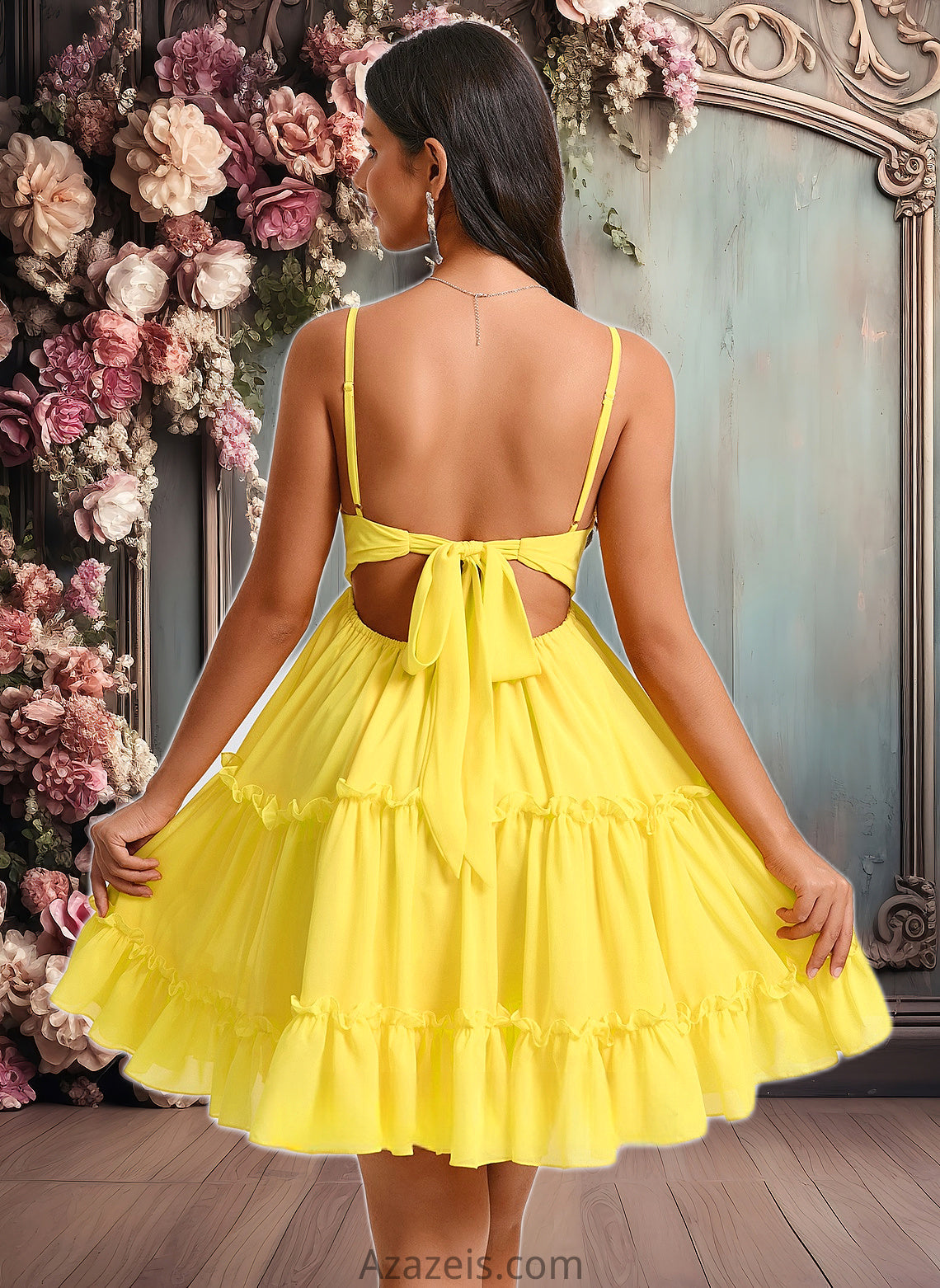 Karina A-line V-Neck Short Chiffon Homecoming Dress With Ruffle Sequins DFP0025700