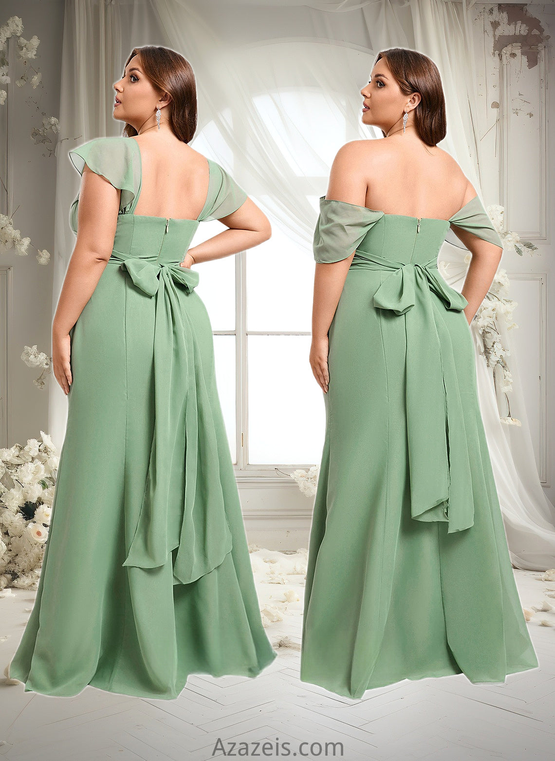 Kallie Trumpet/Mermaid Off the Shoulder V-Neck Floor-Length Chiffon Bridesmaid Dress DFP0025810