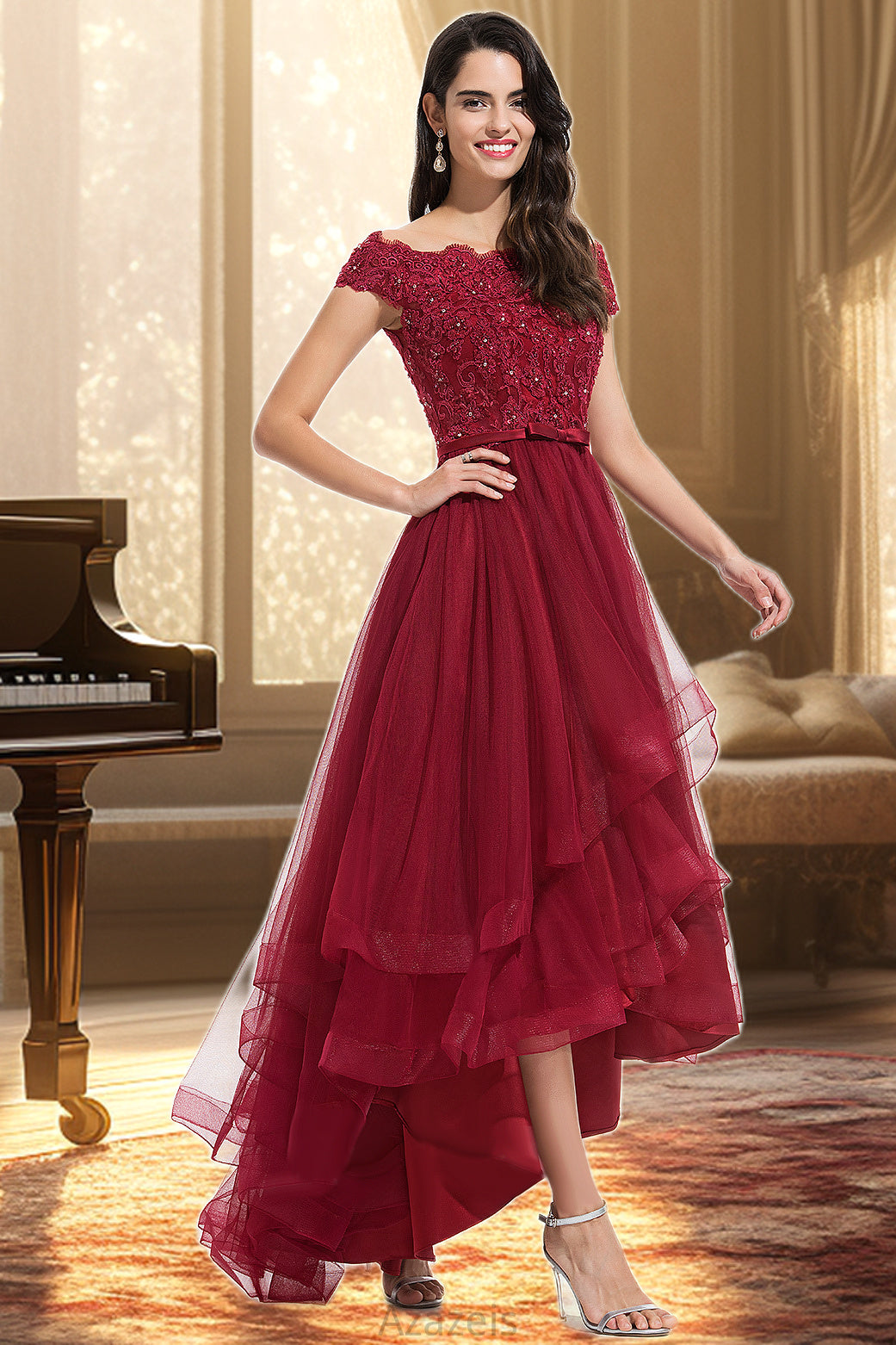 Daisy A-line Off the Shoulder Asymmetrical Lace Tulle Homecoming Dress With Beading Bow Sequins DFP0020535