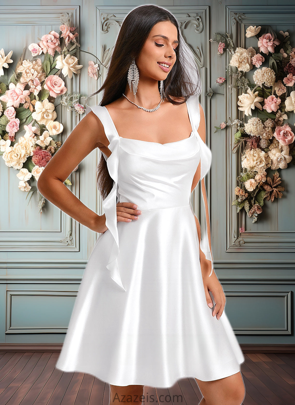 Regina A-line Scoop Short Stretch Satin Homecoming Dress With Cascading Ruffles DFP0025653