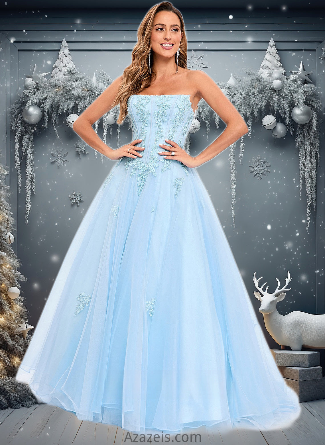 Yaritza Ball-Gown/Princess Straight Sweep Train Tulle Prom Dresses With Sequins Appliques Lace DFP0025864