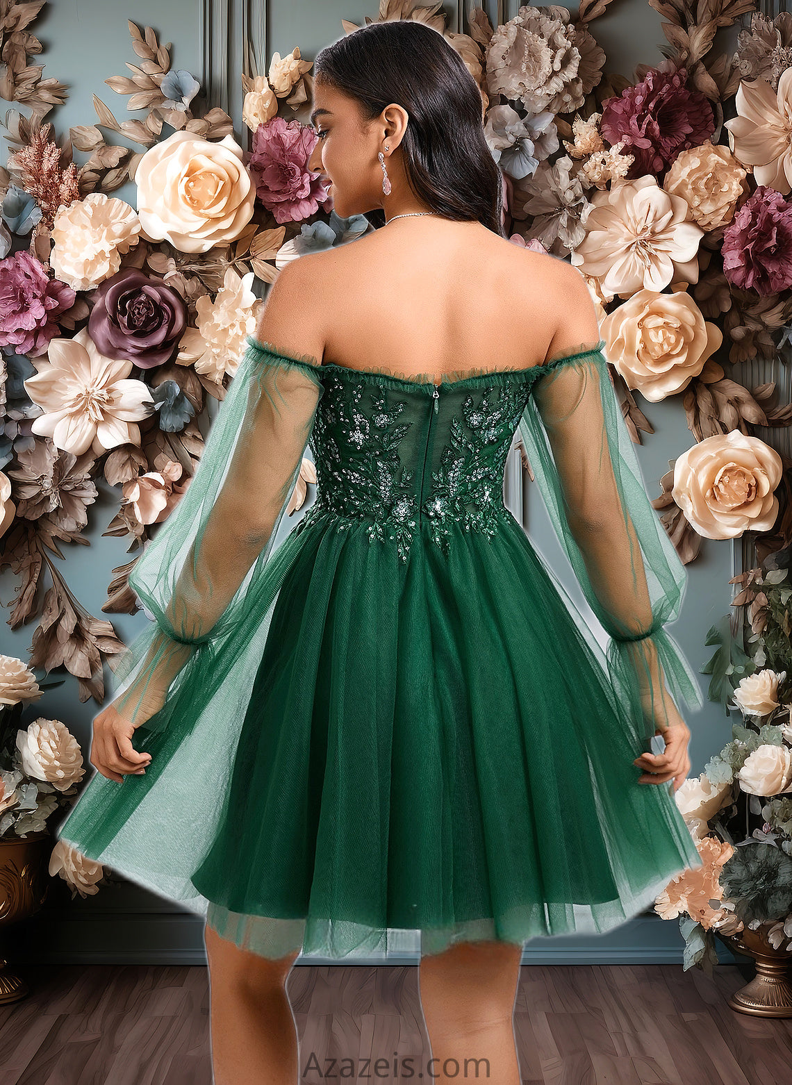 Fernanda A-line Off the Shoulder Short Tulle Homecoming Dress With Sequins Appliques Lace DFP0025663