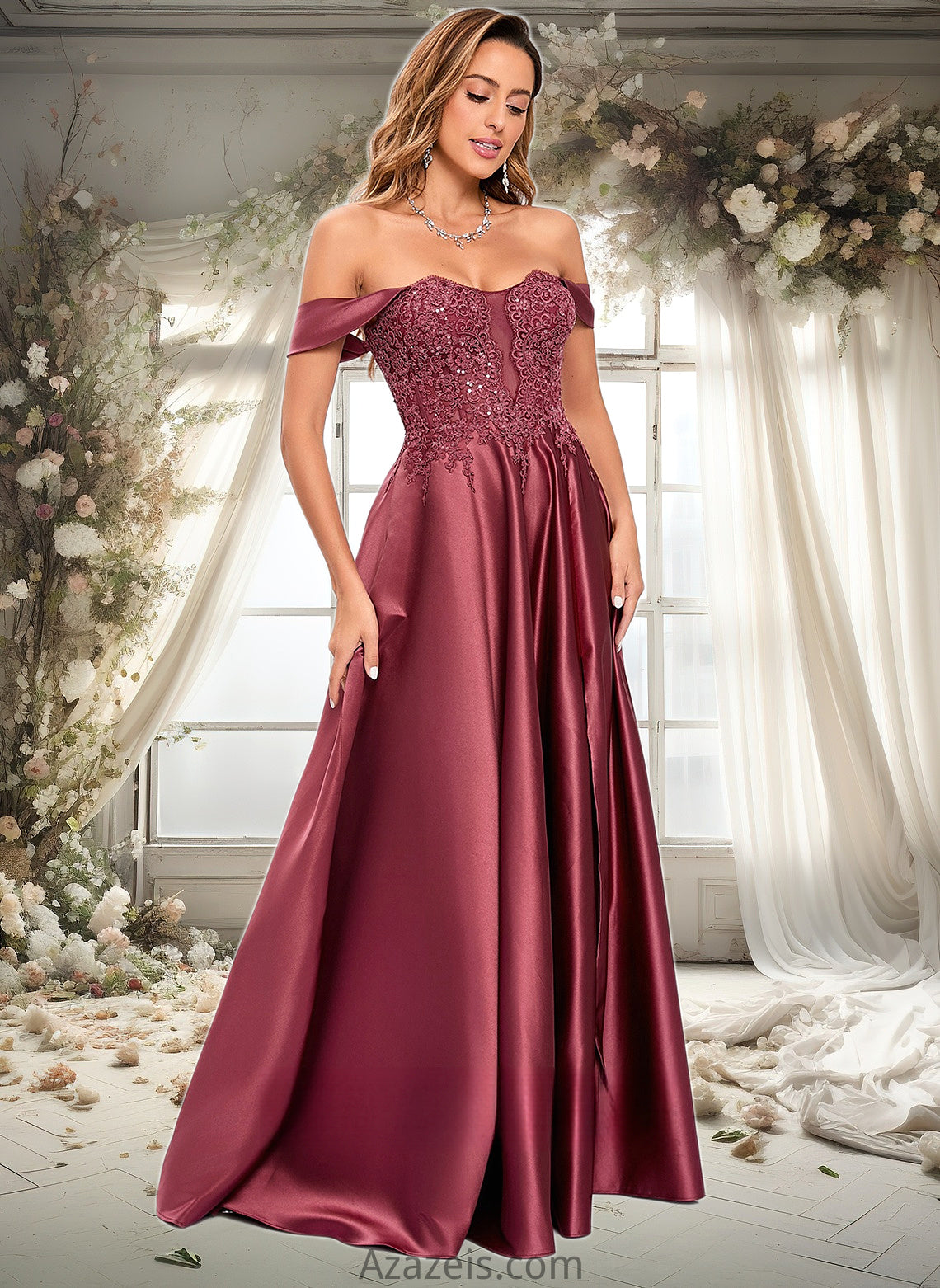 Jolie A-line Off the Shoulder Floor-Length Satin Lace Prom Dresses With Sequins DFP0025841