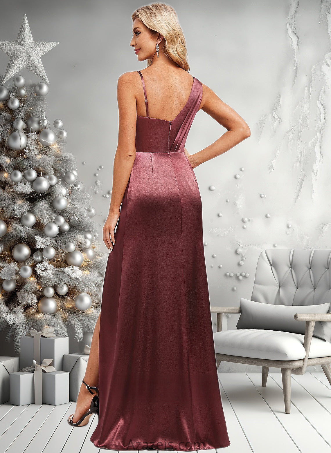 Yaritza A-line Asymmetrical Floor-Length Stretch Satin Bridesmaid Dress DFP0025828