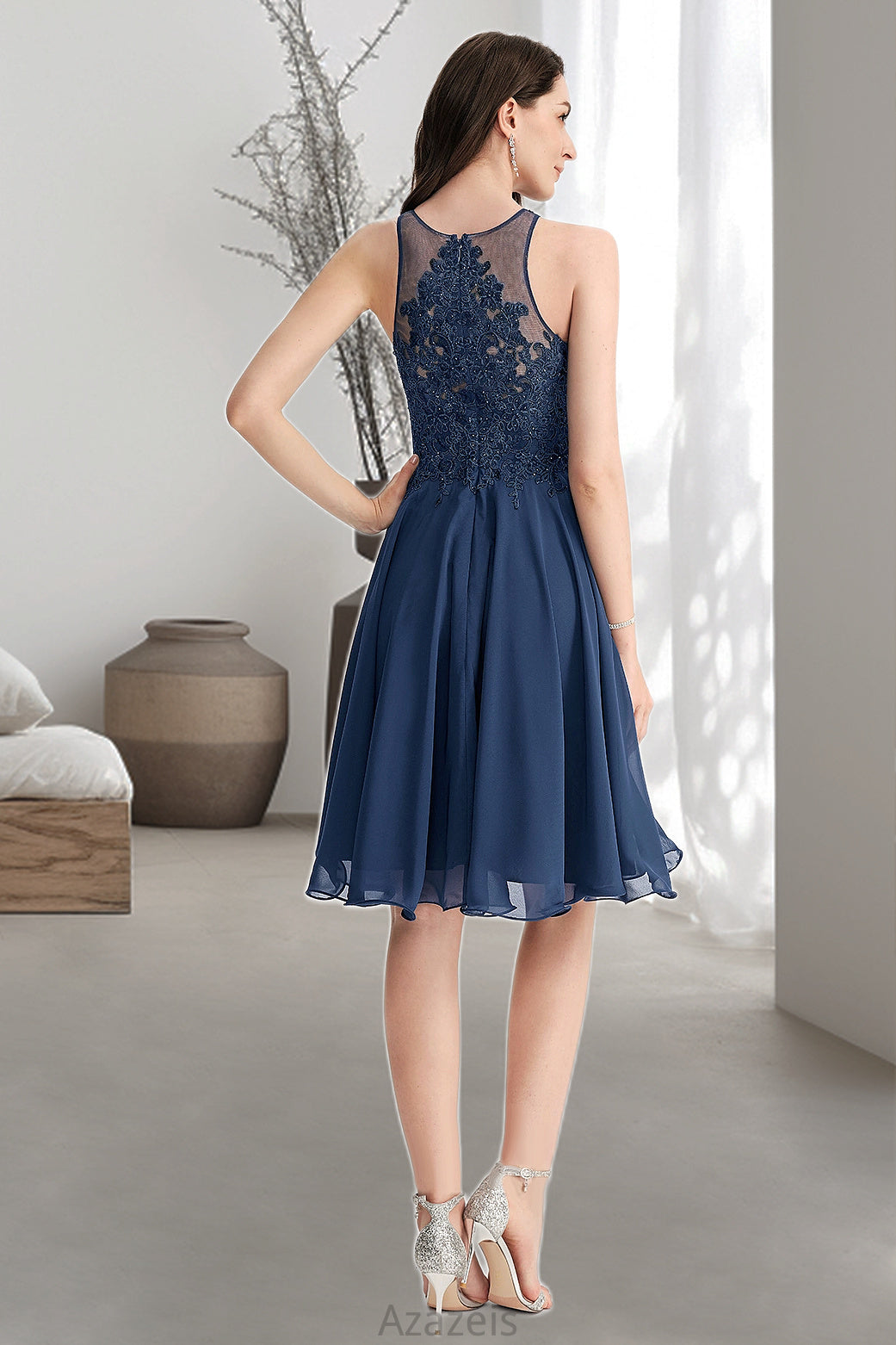 Brisa A-line Scoop Knee-Length Chiffon Lace Homecoming Dress With Beading DFP0020515