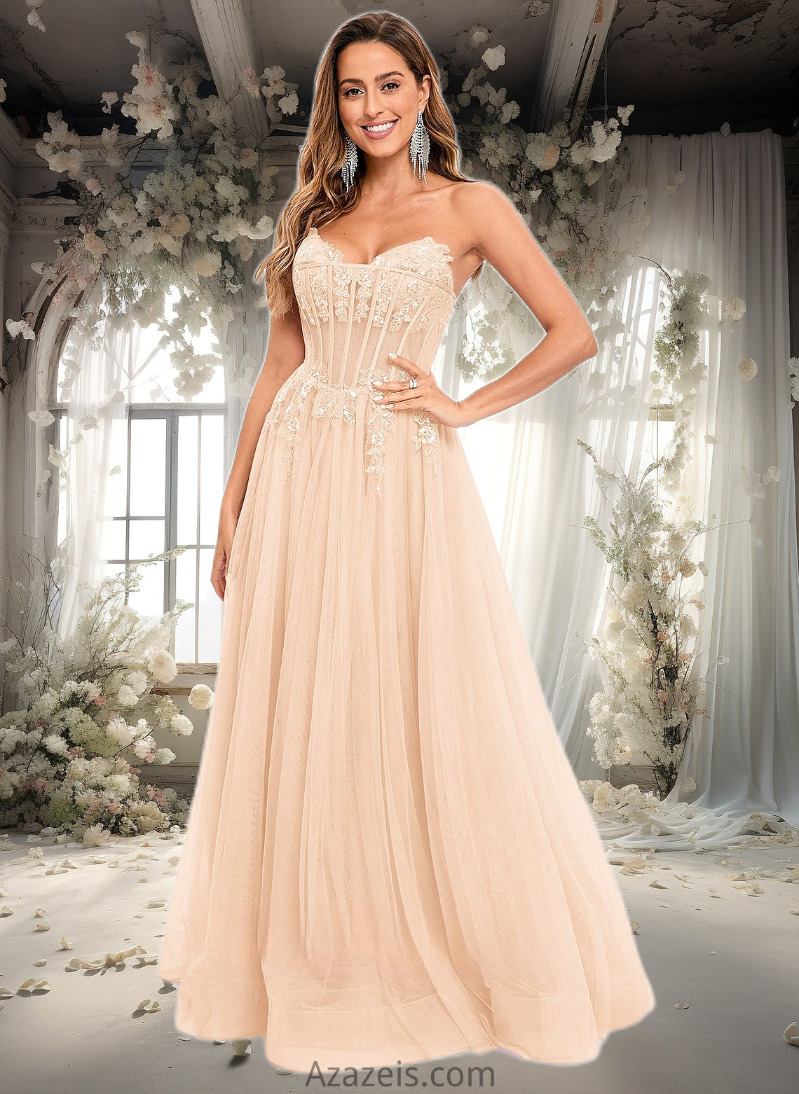 Zoey Ball-Gown/Princess V-Neck Floor-Length Tulle Prom Dresses With Sequins Appliques Lace DFP0025837