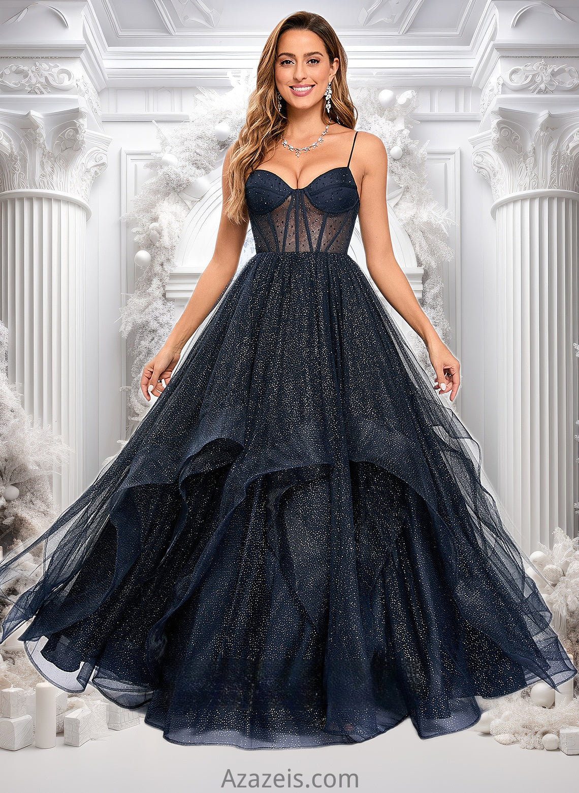 Bryanna Ball-Gown/Princess V-Neck Floor-Length Tulle Prom Dresses DFP0025863