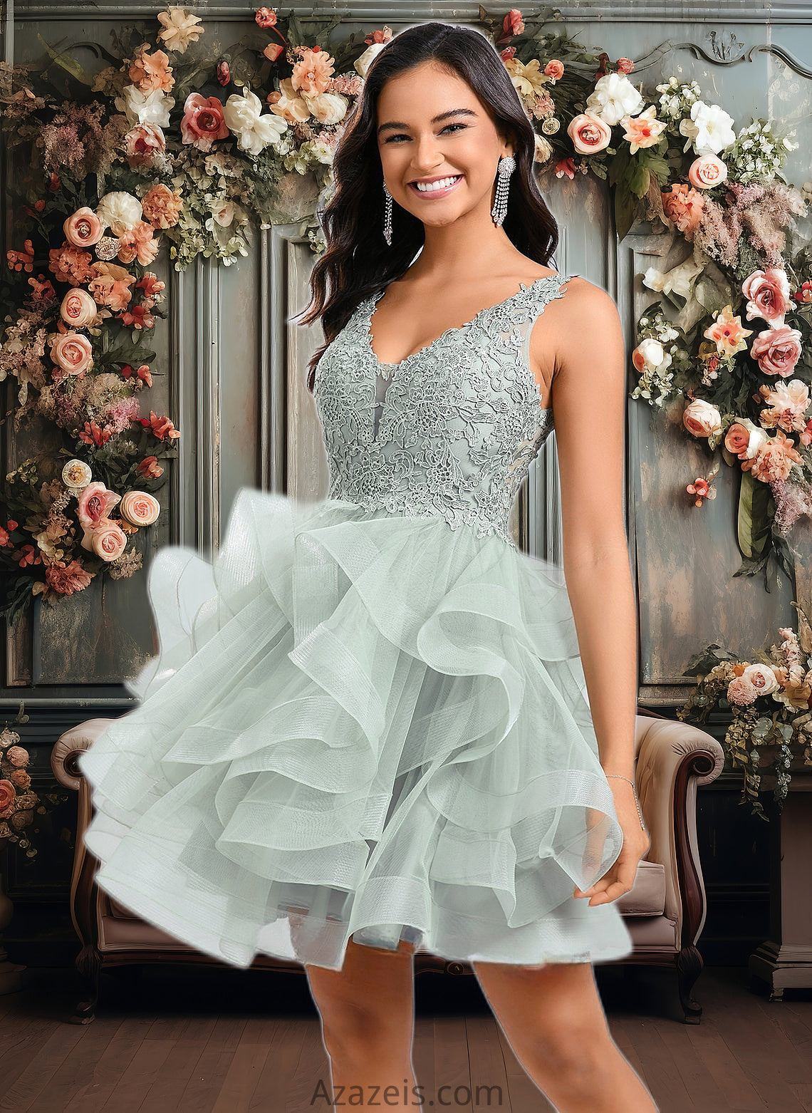 Sheila Ball-Gown/Princess V-Neck Short Tulle Lace Homecoming Dress DFP0025671