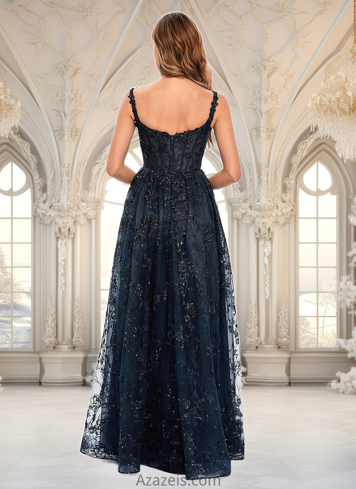 Erin A-line Square Floor-Length Organza Lace Floral Prom Dresses With Sequins DFP0025844