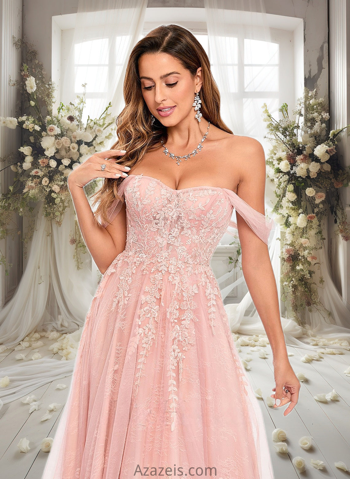 Elva A-line Sweetheart Off the Shoulder Floor-Length Tulle Floral Lace Prom Dresses With Appliques Lace DFP0025870