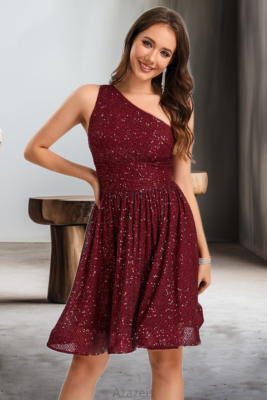 Hazel A-line One Shoulder Short/Mini Sequin Homecoming Dress With Sequins DFP0020485