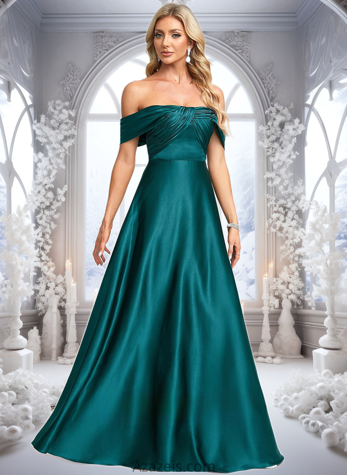 Ayla A-line Off the Shoulder Floor-Length Stretch Satin Prom Dresses DFP0025879