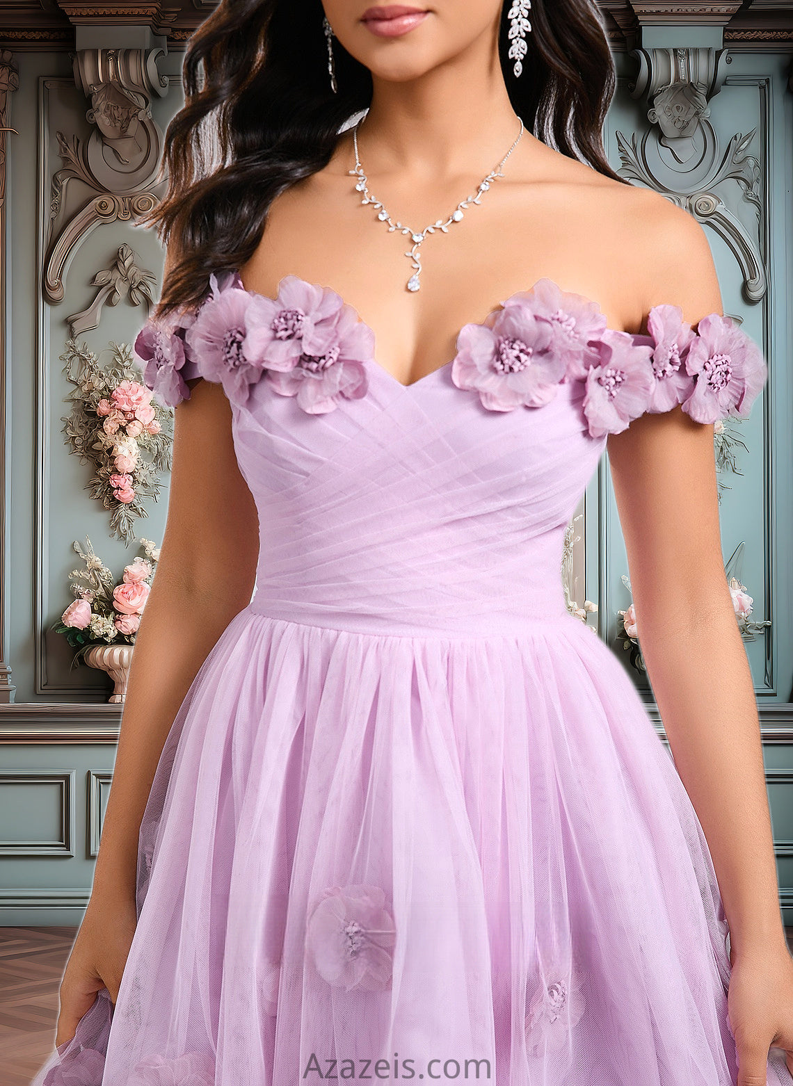 Nell Ball-Gown/Princess Off the Shoulder Short Tulle Homecoming Dress With Pleated Flower DFP0025668